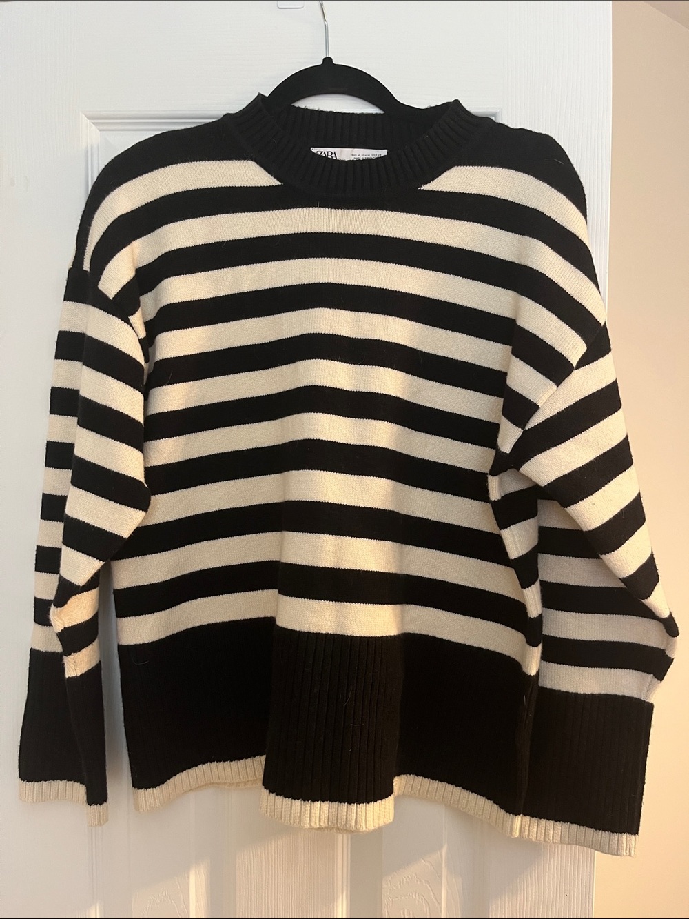 Zara Black and Cream Striped Knit Sweater